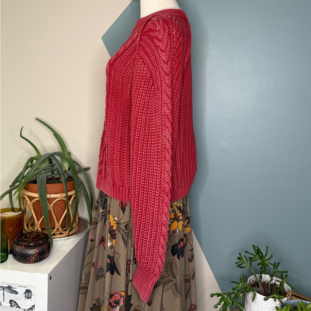 Free People Chunky Cable Knit Sweater Berry Red Cotton Cropped Cozy Knit Small - Picture 3 of 12